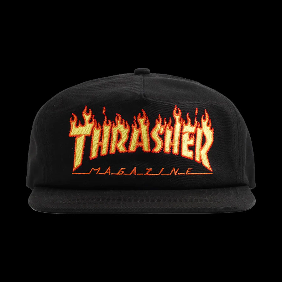 Thrasher Flame Logo Embroidered Adjustable Snapback Hat - Black